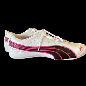 Puma White Sneakers with Black and Pink Stripe Accents